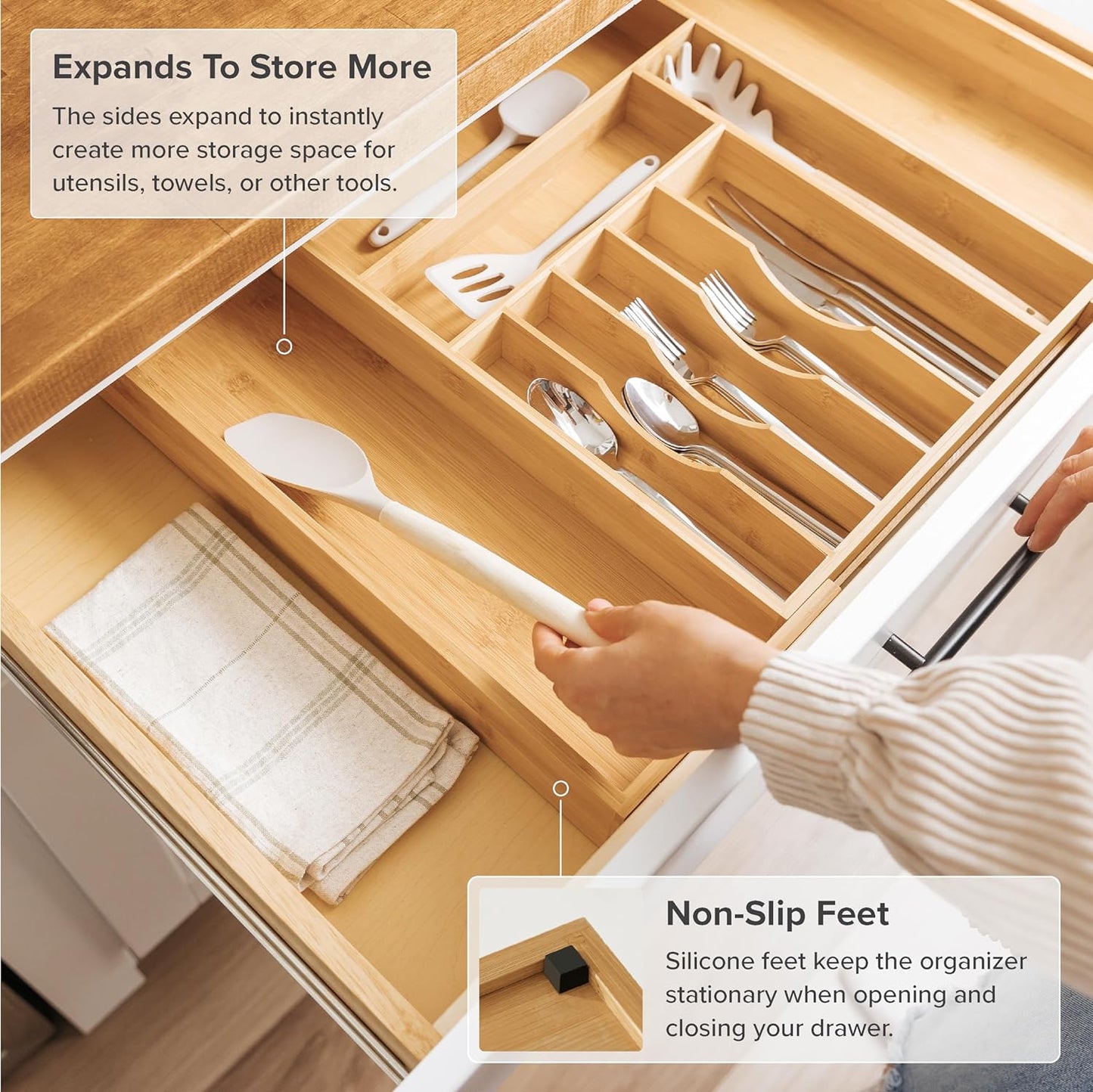 KitchenEdge Premium Silverware, Flatware and Utensil Organizer for Kitchen Drawers, Food-Safe Contract Grade, Expandable from 14 to 25 In, Natural Bamboo