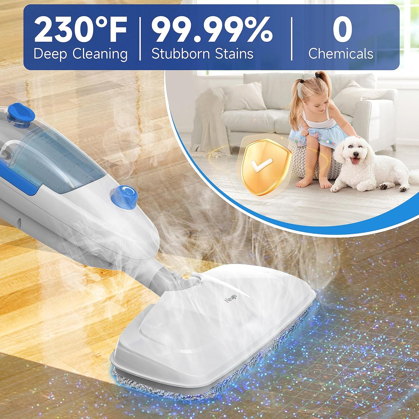 Steam Mop for Hardwood Floor Cleaning, Floor Steamer Cleaner Lightweight for Vinyl, Laminate, Carpet, Tile Hard Floors w/Adjustable Steam Modes & Height, 23ft Cord, 2 Washable Pad