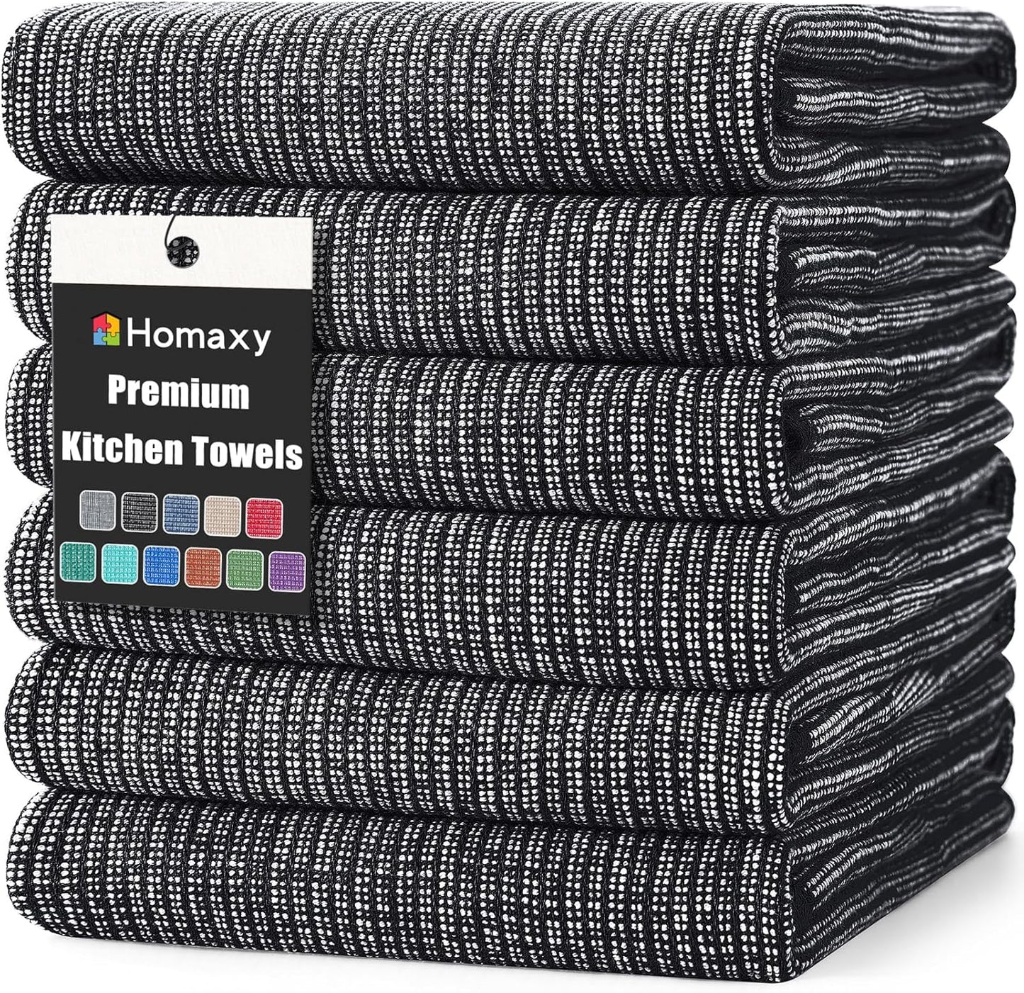 Homaxy Premium Kitchen Towels(18”x 28”, 6 Pack), Large Cotton Kitchen Hand Towels, Flat and Terry Dish Towels, 380 GSM Highly Absorbent Tea Towel Set with Hanging Loop, Black