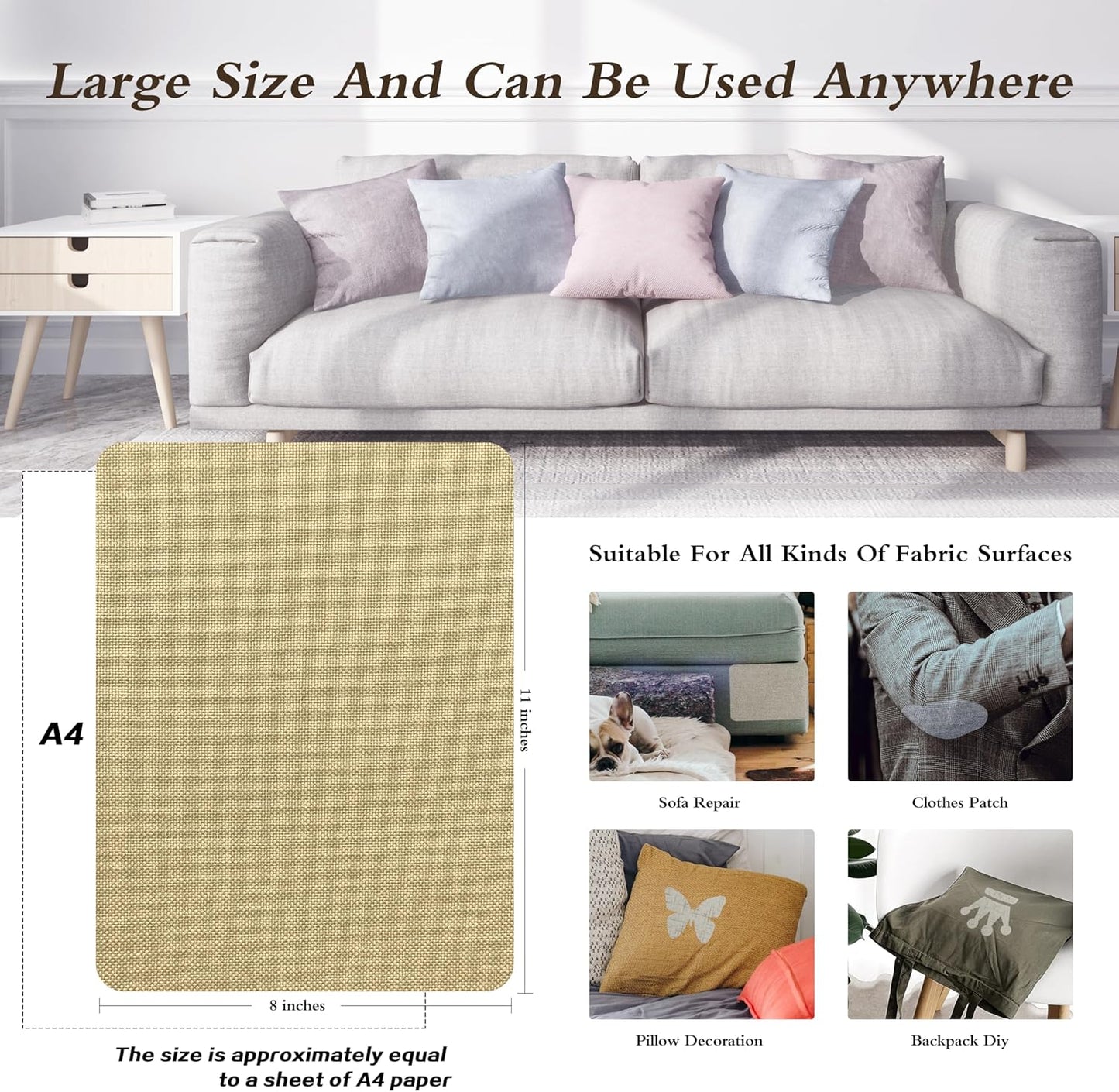 KING MOUNTAIN Coarse Linen Repair Patches, Self-Adhesive Linen Fabric Patches, 8X11 inch 2 PCS, Multi Color, Can be Used for Linen Sofa Repair and Linen Clothes Repair(8" x 11"-2PCS,Khaki)