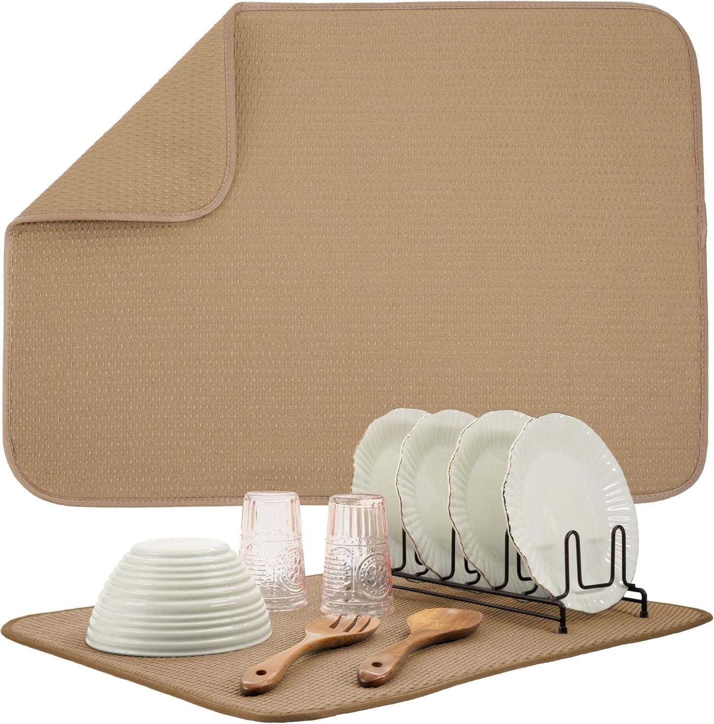 S&T INC. Dish Drying Mat XL, 18” x 24”, Absorbent Microfiber Kitchen Counter Mat, Drying Pad for Dishes, Utensils, Pots and Pans, Extra Large, Diamond Texture, Almond