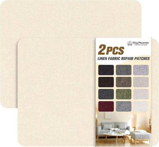 KING MOUNTAIN Fine Linen Fabric Patches, Self-Adhesive, 8x11 inch, 2 PCS, Multi Color, For Linen Sofa and Clothes Repair (Off White, 8" x 11" - 2PCS)