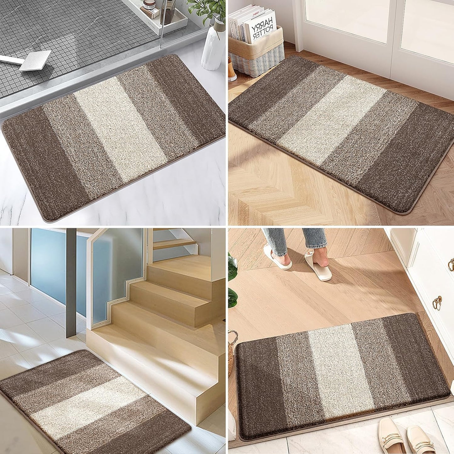 Kitinjoy Indoor Outdoor Door Mat, 48x32 Non-Slip Absorbent Dirt Trapper, Low-Profile Washable Inside Entrance Front Floor Mat, Sturdy Soft Entry Doormats for Entryway, Light Brown