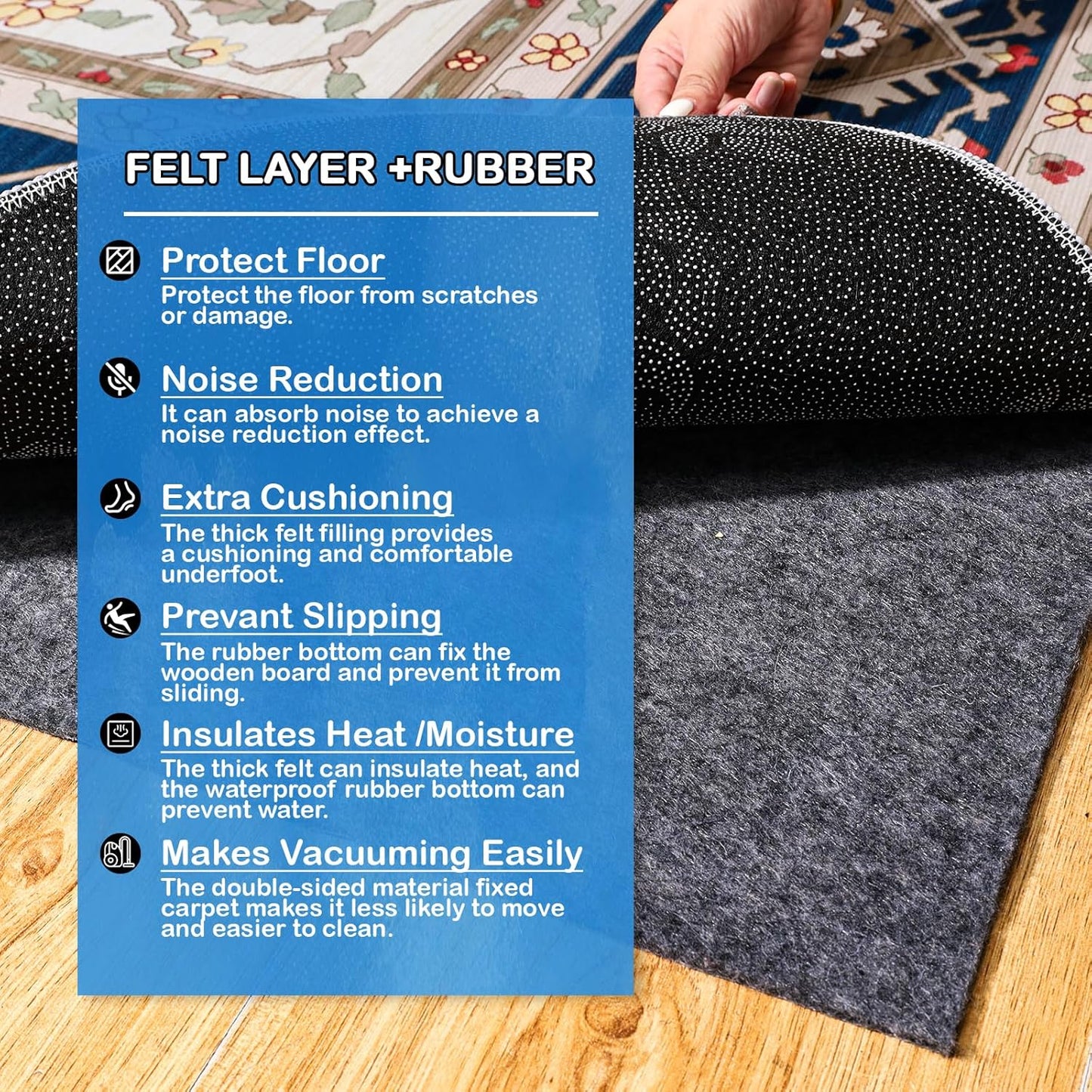 Non-Slip Rug Pads 2 x 6 ft, 100% Waterproof Extra Large Area Rugs Non Skid Rug Pad for All Floors and Finishes Durable Hardwood Floor Protective Felt Keeps Rugs in Place, Safe and Secure