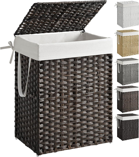 SONGMICS Laundry Hamper with Lid, 23.8 Gallon (90 L) Synthetic Rattan Clothes Laundry Basket with Lid and Handles, Foldable, Removable Liner, Chestnut Brown ULCB051K02
