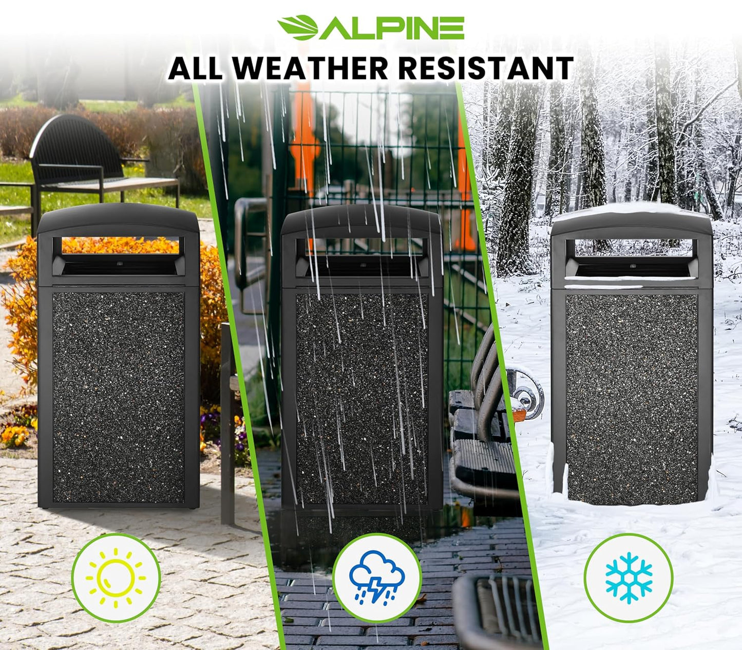 Alpine Outdoor Commercial Trash Can with Lid - 40 Gallon Heavy Duty Metal Garbage Can with Removable Bin, Locking Lid for a Modern Look in Park, Mall & High Traffic Areas - Black, Grey Stone Panels