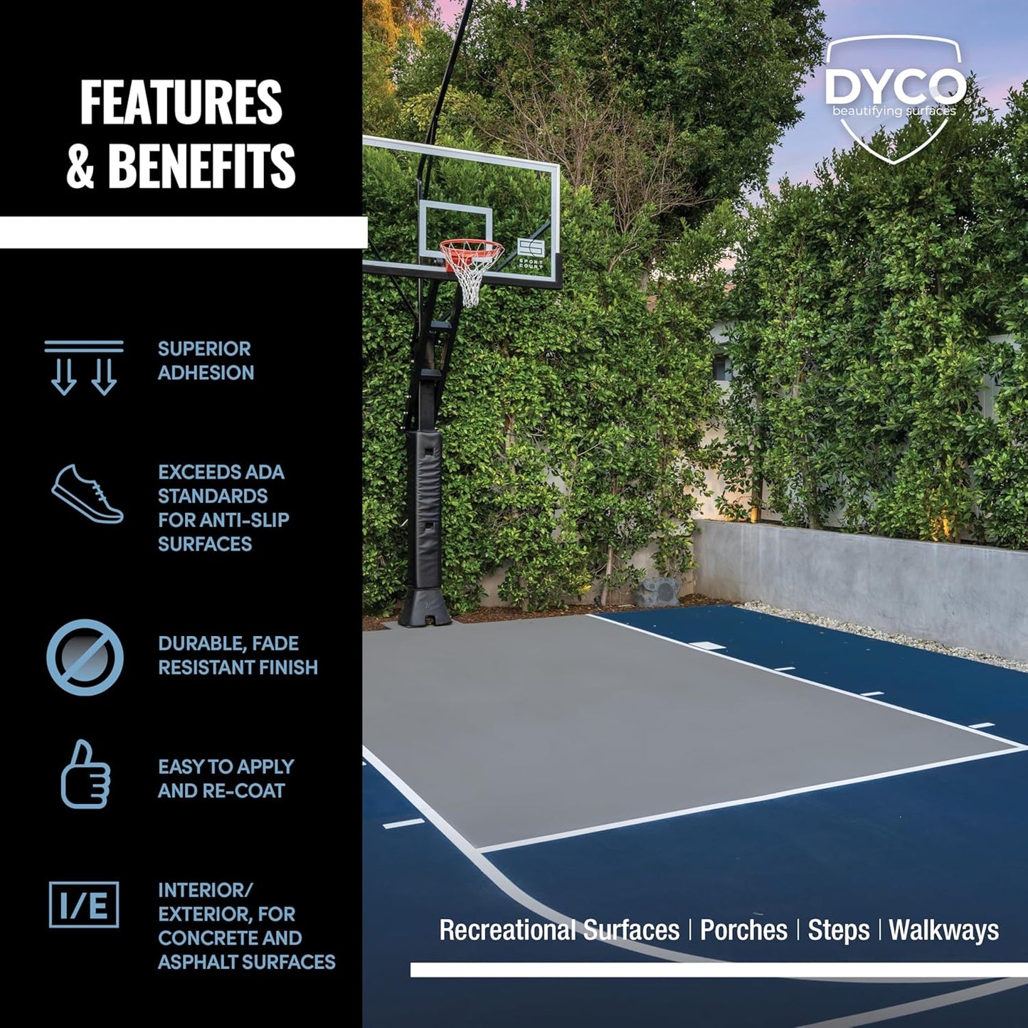 DYCO Court & Floor Anti-Slip Coating - Slip-Resistant Pavement, Cement & Concrete Paint for Pickleball, Tennis & Basketball Courts, Exceeds ADA Standards for Safety Areas (Stone Gray, 1 Gallon)