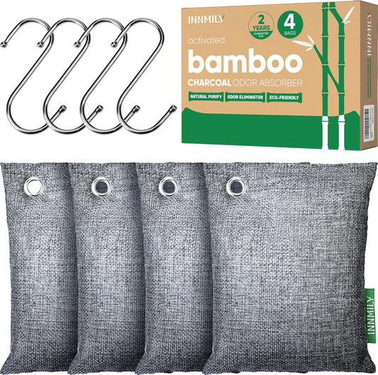 Activated Charcoal Odor Absorber,Large 4x200g w Hooks Nature Odor Eliminator for Strong Odor,Bamboo Charcoal Air Purifying Bags,Moisture Absorbers for Fresh Home Car Closet Pet,Smoke Smell Deodorizer