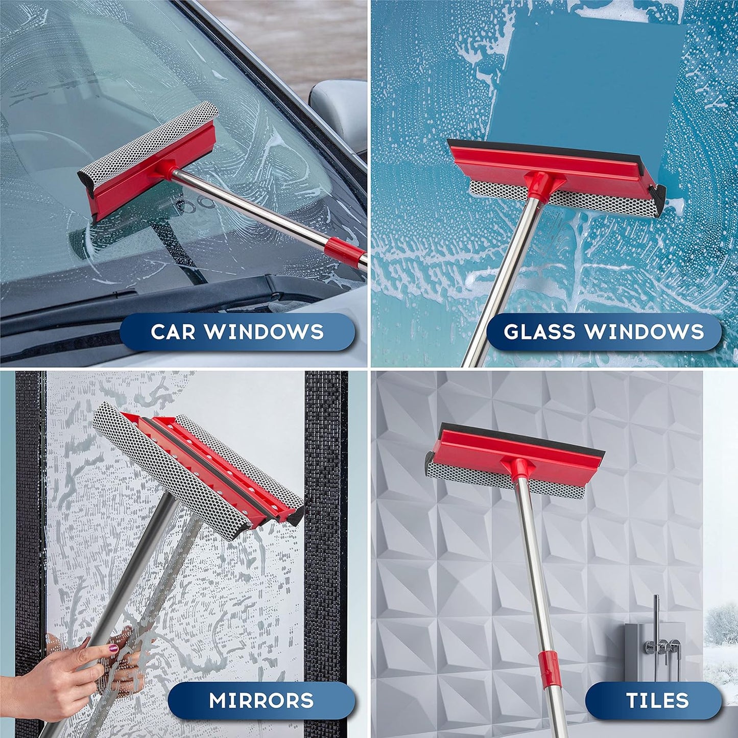 DSV Standard Window Squeegee, 2-in-1 Window Cleaner with 55" Extension Poles, Window Washing Kit, Glass Door Cleaner, Multi-Use Car Windshield Cleaning Tool with Long Handle for High Outdoor Windows