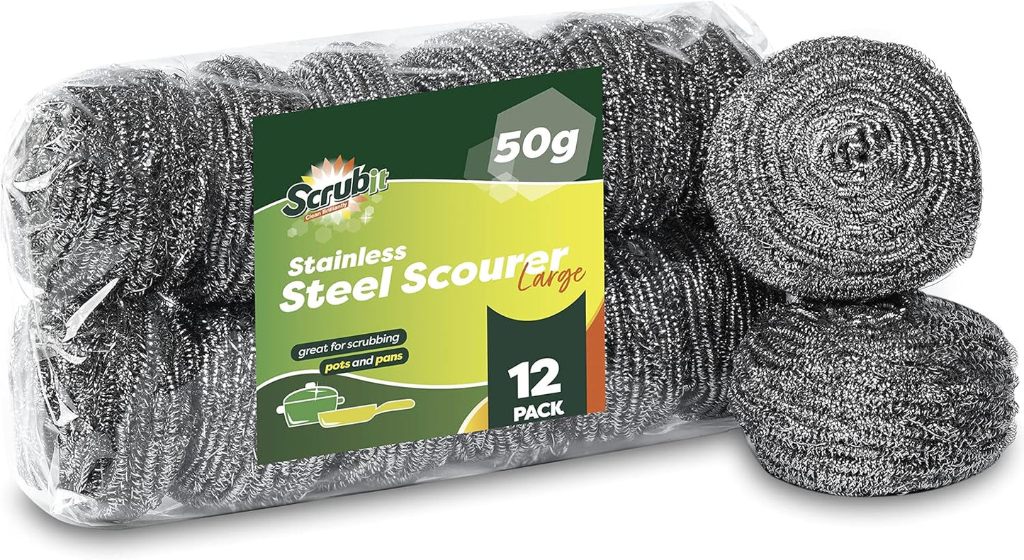 12 Pack Stainless Steel Scourers by Scrub It – Steel Wool Scrubber Pad Used for Dishes, Pots, Pans, and Ovens. Easy scouring for Tough Kitchen Cleaning. (Large (50 gram))