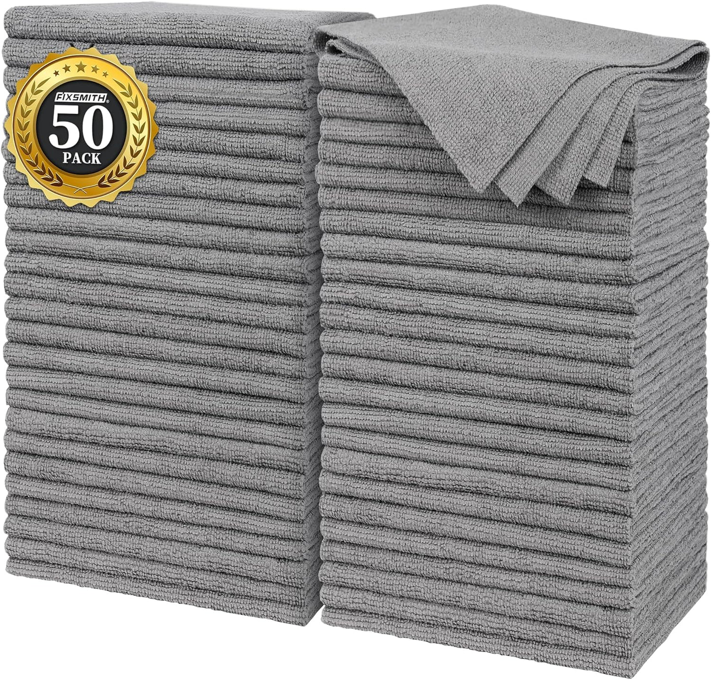FIXSMITH Grey Microfiber Cleaning Cloth, Pack of 50, 16"X12" Cleaning Rags for Housekeeping and Kitchen, Reusable Shop Towels, Microfiber Towels for Cars, Lint Free, Scratch-Free, Highly Absorbent