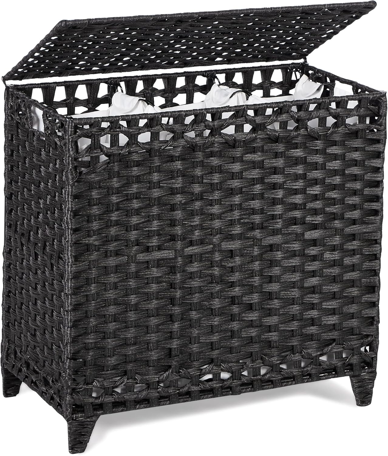 Laundry Hamper with 3 Removable Liner Bags; 132L Handwoven Rattan Laundry Basket with Lid & Heightened Feet; Clothes Hamper with Side Handles; Laundry Sorter with 3 Separate Sections (Black)