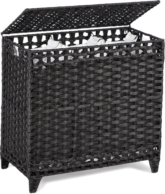 Laundry Hamper with 3 Removable Liner Bags; 132L Handwoven Rattan Laundry Basket with Lid & Heightened Feet; Clothes Hamper with Side Handles; Laundry Sorter with 3 Separate Sections (Black)