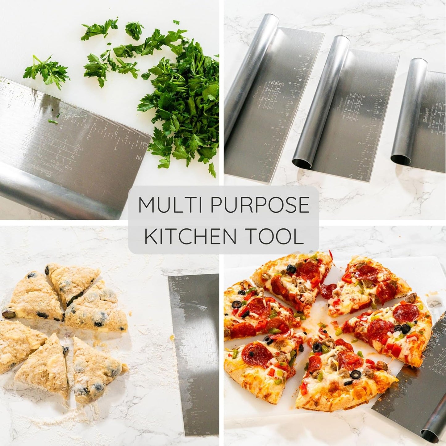 Bakerpan Stainless Steel Heavy Duty Dough Cutter, 3 Size Set - Metal Bench Scraper Kitchen Utensils, Chopper, Pizza and Pastry Cutter Tool, 10, 8, 6 Inch