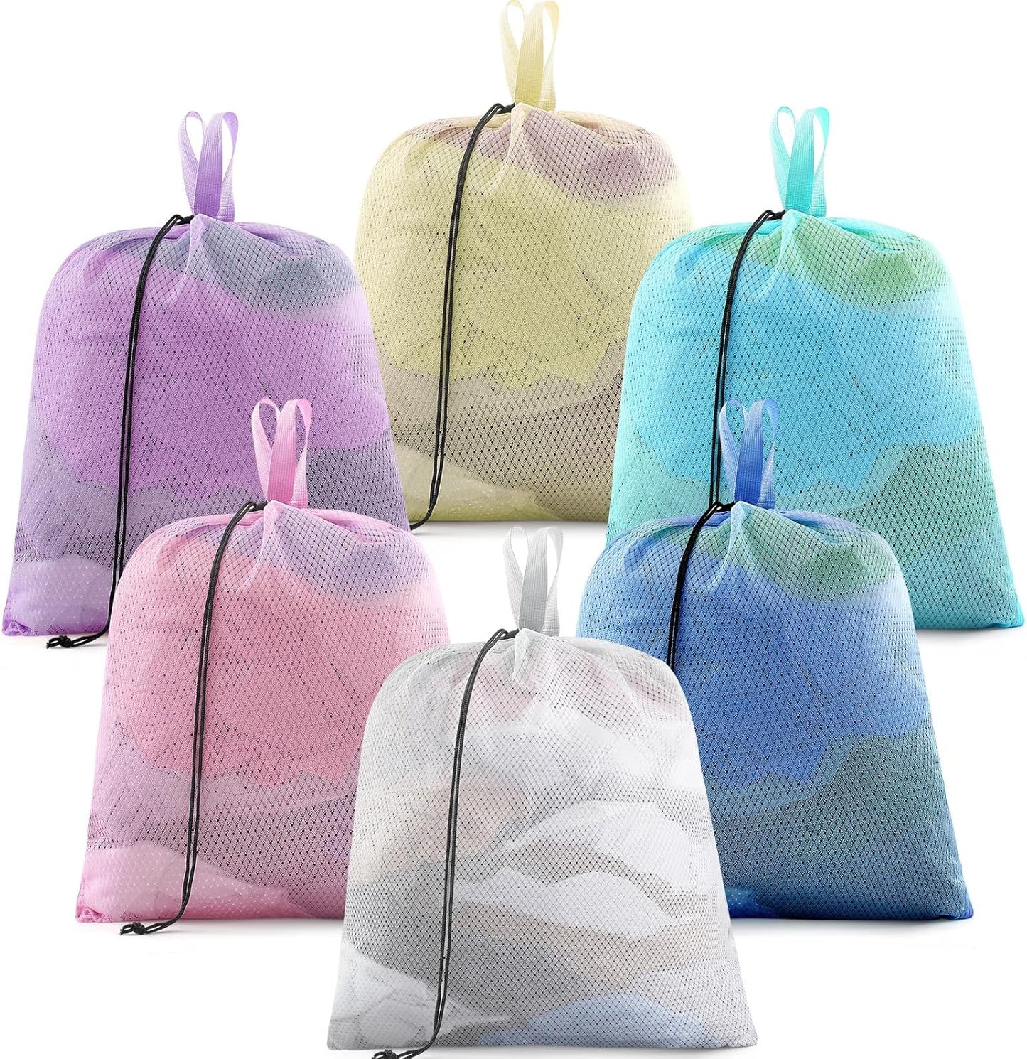 6 Pack 20 x 17 Inches Colorful Mesh Laundry Bag with Handles Machine Washable Secure Drawstring Closure Large Sturdy Mesh Net Laundry for College Travel Dorm Laundromat