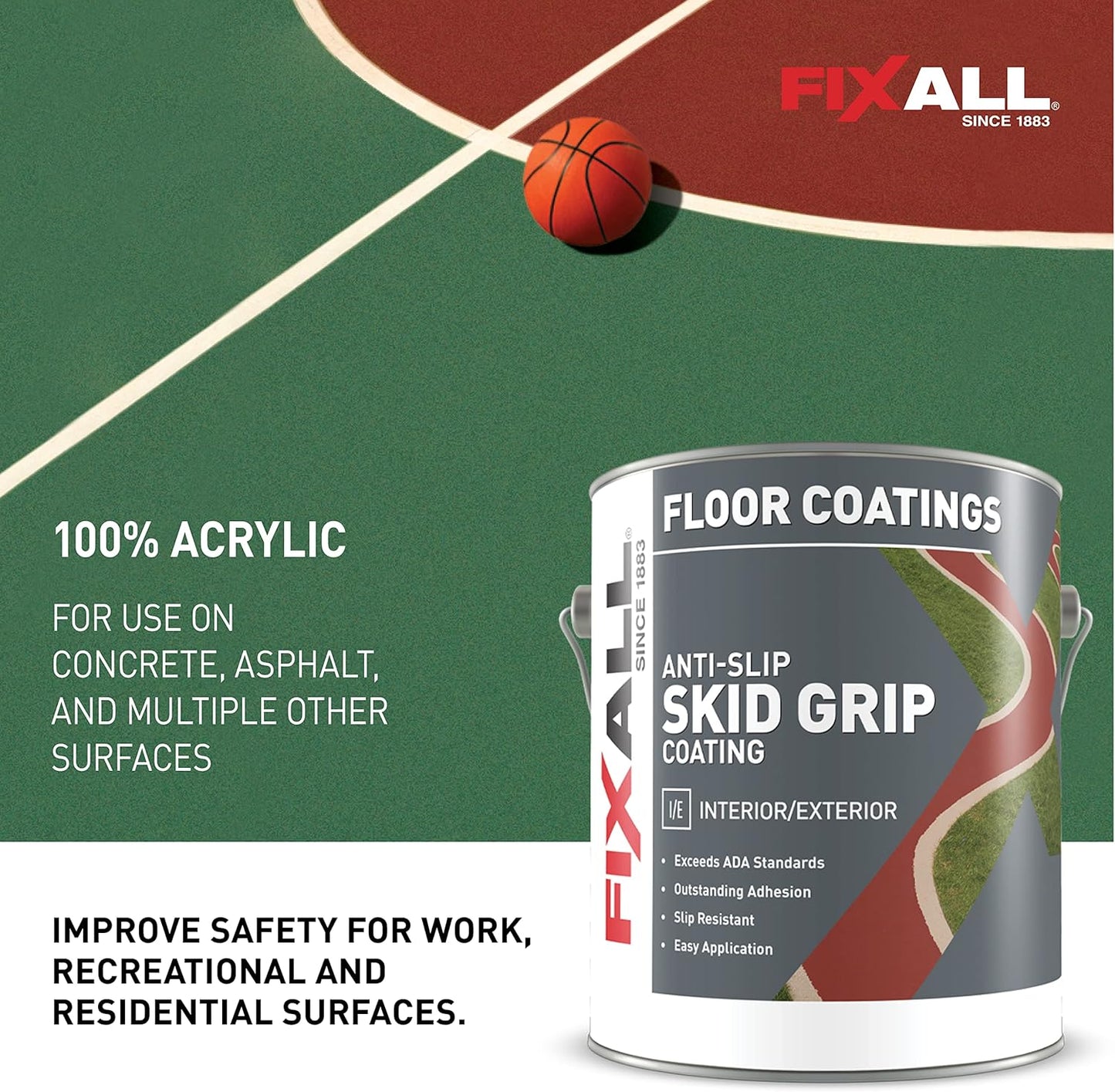 FIXALL Skid Grip Anti-Slip Coating, 1 Gallon, Emerald, Exceeds ADA Standards, Ideal for Safety Areas, Slip-Resistant Pavement, Cement & Concrete Paint