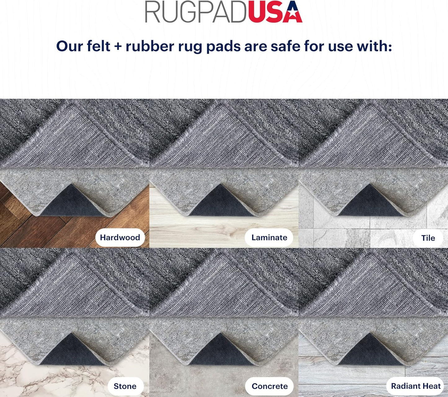 RUGPADUSA - Dual Surface - 10' Square - 3/8" Thick - Felt + Rubber - Enhanced Non-Slip Rug Pad - Adds Comfort and Protection - for Hard Surface Floors