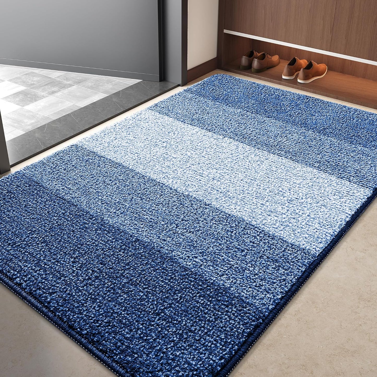 Kitinjoy Indoor Outdoor Door Mat, 40x32 Non-Slip Absorbent Dirt Trapper, Low-Profile Washable Inside Entrance Front Floor Mat, Sturdy Soft Entry Doormats for Entryway, Navy Blue