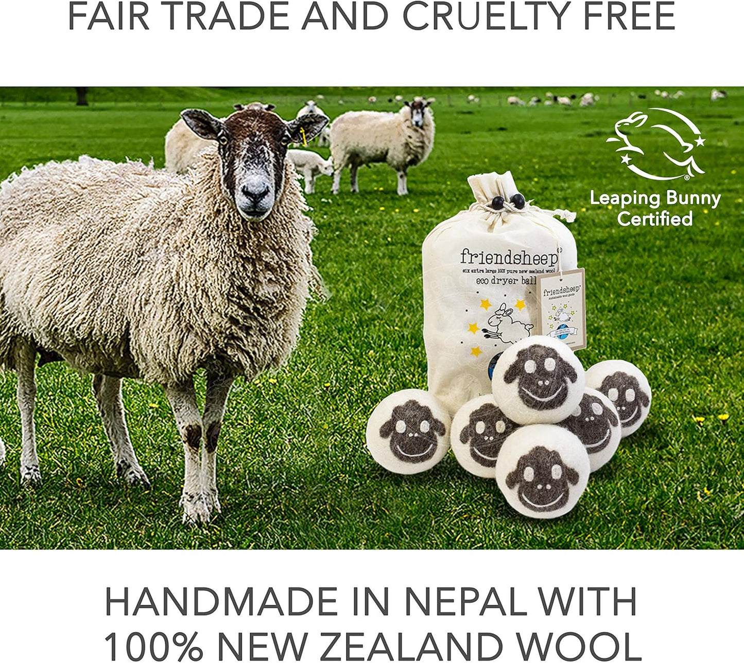 Wool Dryer Balls by Friendsheep 6 Pack XL Organic Premium Reusable Cruelty Free Handmade Fair Trade No Lint Fabric Softener Brown Sheep "Flock of Friends"