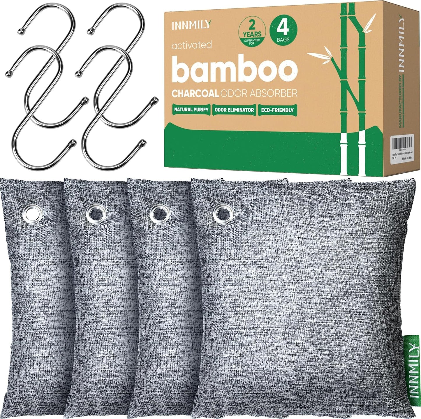 Activated Charcoal Odor Absorber,Large 4x500g w Hooks Nature Odor Eliminator for Strong Odor,Bamboo Charcoal Air Purifying Bags,Moisture Absorbers for Fresh Home Car Closet Pet,Smoke Room Deodorizer