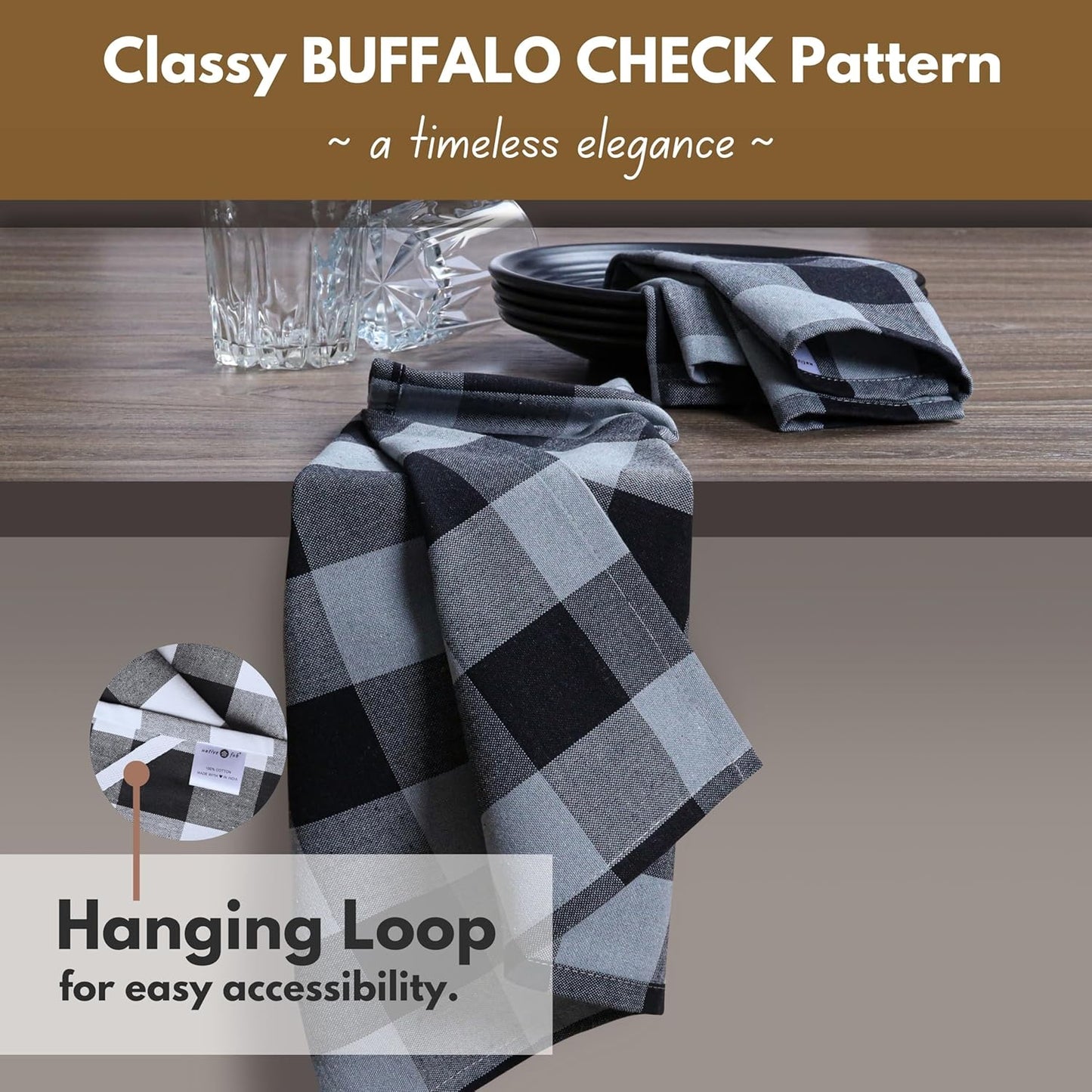 Native Fab 12 Pack Buffalo Check Kitchen Dish Towels, Cotton, Durable, Washable 16"x26" - Tea Towels, Soft Absorbent Cleaning Towel, Hand Towels with Hanging Loop - Black, Grey