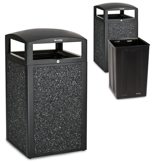 Alpine Outdoor Commercial Trash Can with Lid - 40 Gallon Heavy Duty Metal Garbage Can with Removable Bin, Locking Lid for a Modern Look in Park, Mall & High Traffic Areas - Black, Grey Stone Panels
