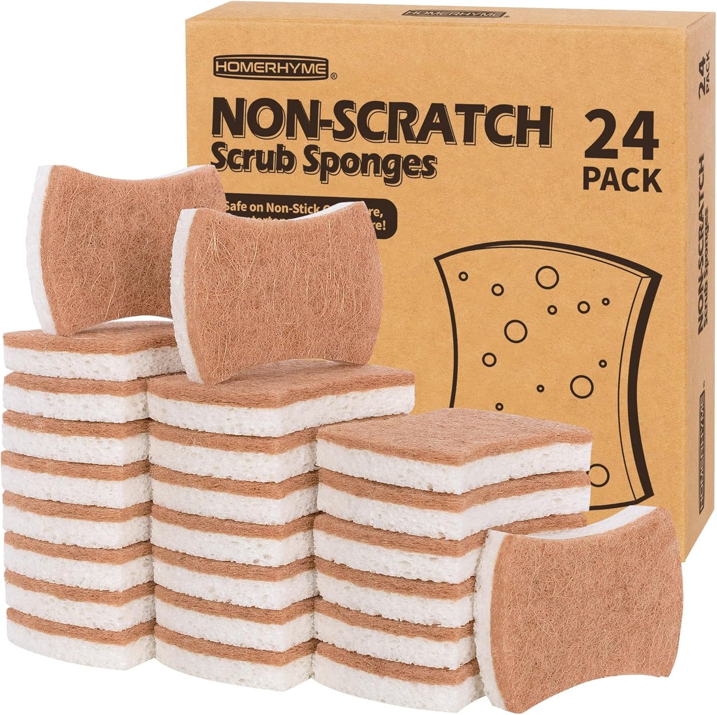 HOMERHYME Natural Dish Sponge 24 Pack, Non-Scratch Scrub Sponge, Eco Multipurpose Kitchen Sisal Fiber Cellulose Sponge, Odor-Less Dual-Sided for Dish Washing & Household Cleaning