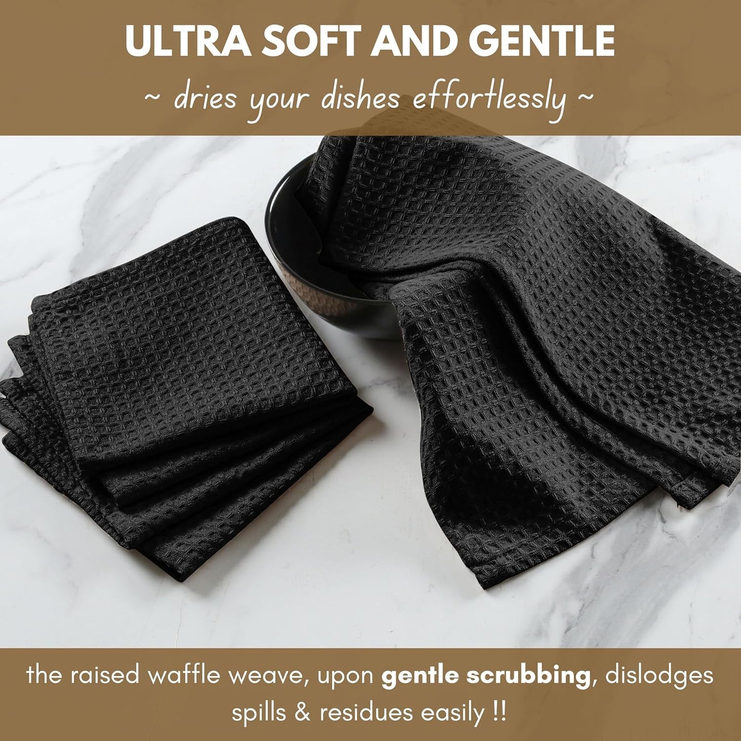 Native Fab Cotton Kitchen Towel with Hanging Loop 16x26 inches, 12-Pack, Waffle Weave Kitchen Towels for Cleaning Drying, Washcloths Soft & Absorbent Cloth Rags, Bar Towel, Dish Cloth, Black