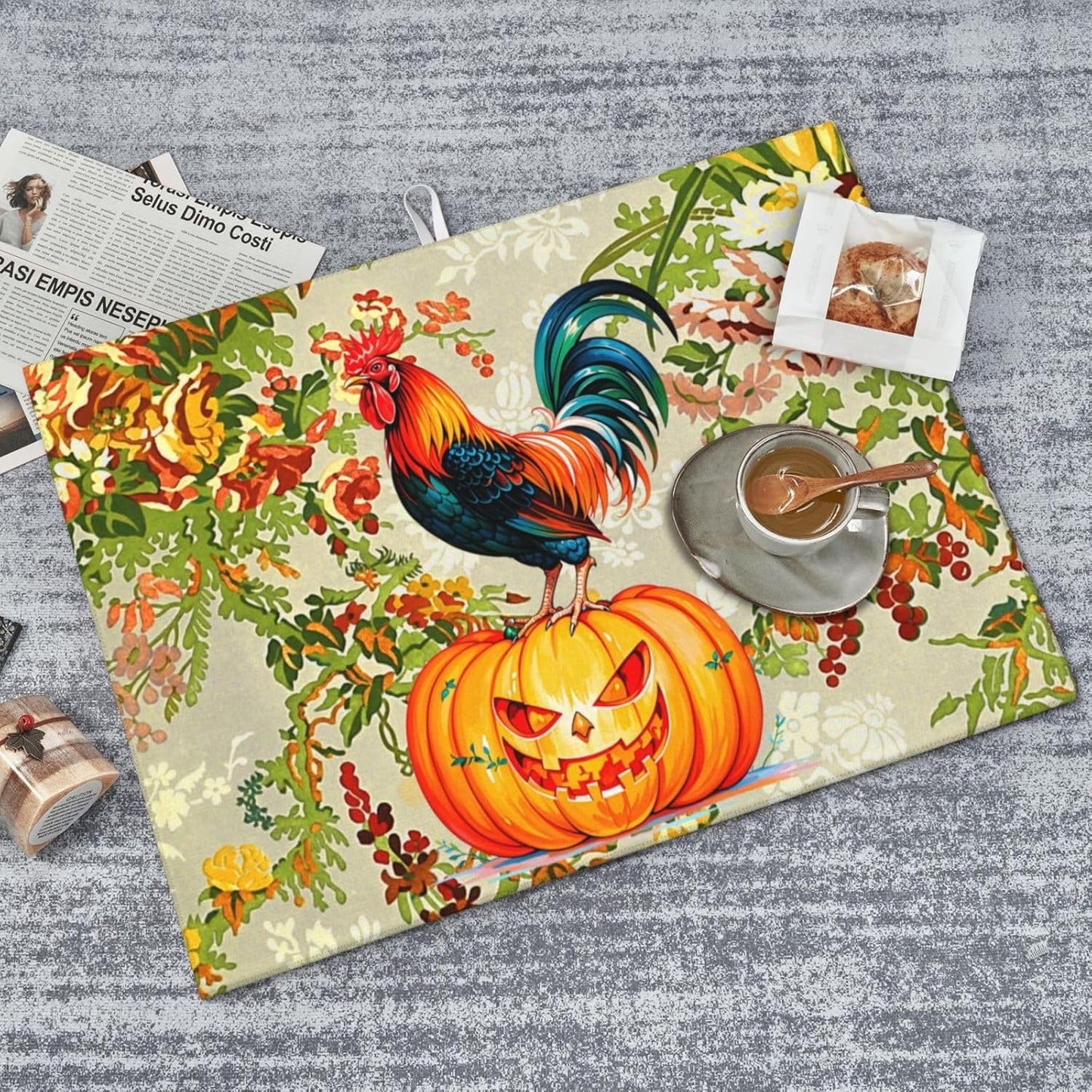 Rooster Pumpkin Dish Drying Mat Highly Absorbent Double-Sided Microfiber with Hanging Loop Reversible Drain Dish Rack Mat Drain Mat Suitable for Kitchen Countertop Coffee Bar 18 x 24 Inch