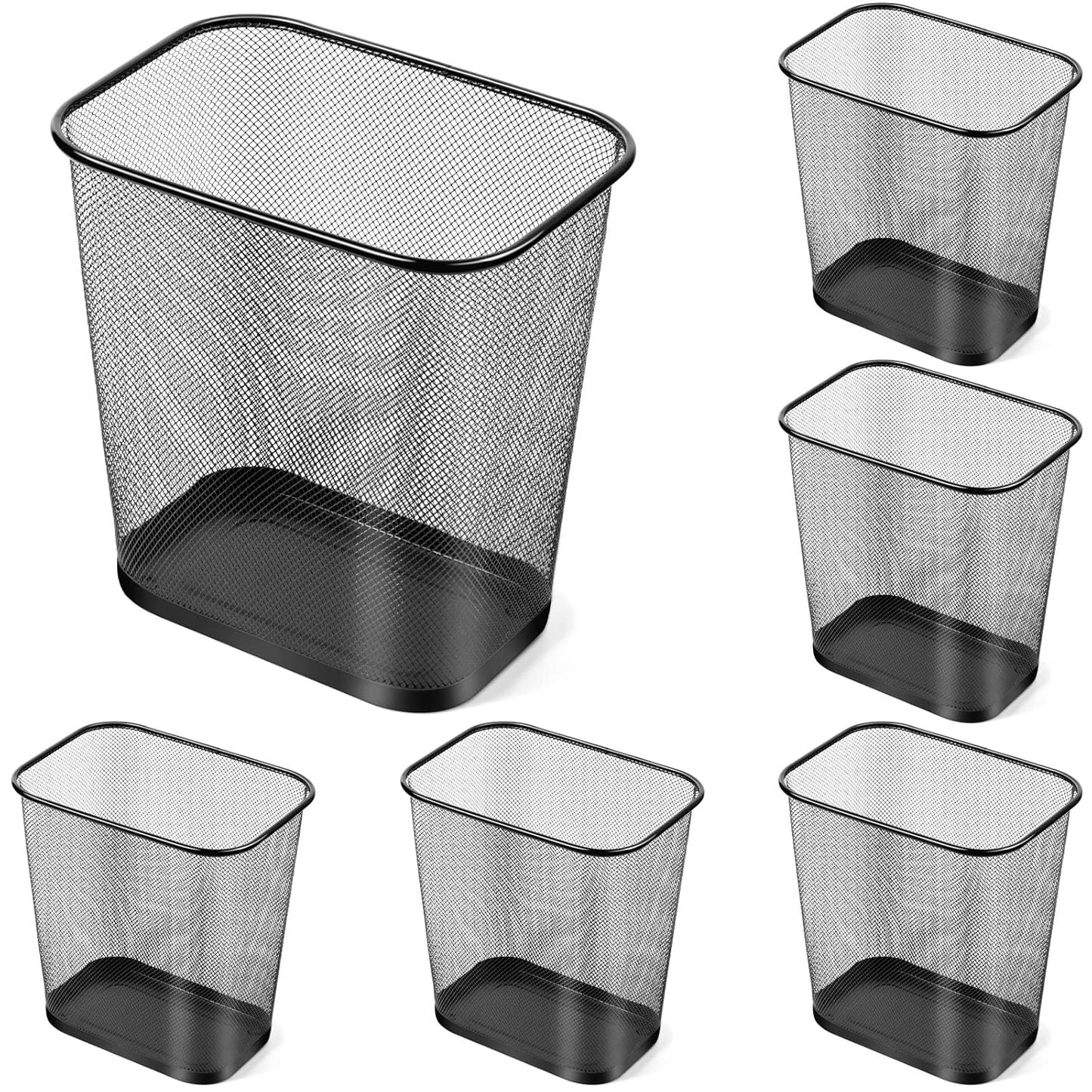 Nuanchu 6 Pcs Mesh Square Trash Cans 4 Gallons Wire Wastebasket for Home Black Metal Office Garbage Cans Rectangular Trash Bin for Kitchen Bathroom Bedroom, 11.7 x 8.5 x 11.8 Inch (Black)