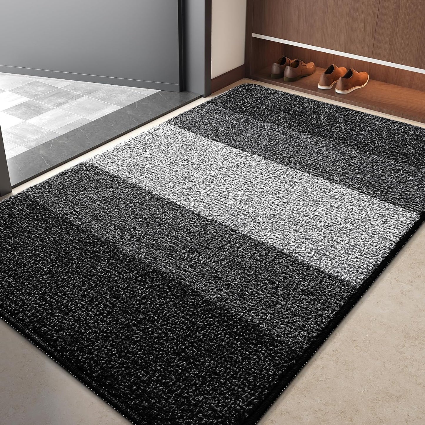 Kitinjoy Indoor Outdoor Door Mat, 40x32 Non-Slip Absorbent Dirt Trapper, Low-Profile Washable Inside Entrance Front Floor Mat, Sturdy Soft Entry Doormats for Entryway, Black