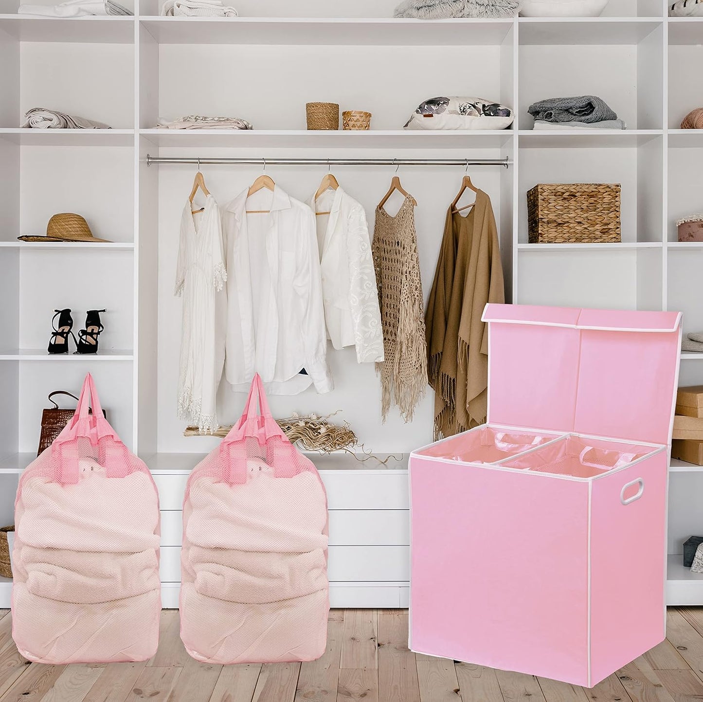 Simple Houseware Double Laundry Hamper with Lid and Removable Bags, Pink