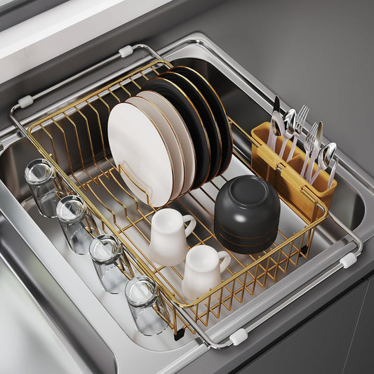 JASIWAY Sink Dish Drying Rack, Expandable Stainless Steel Dish Rack Over Sink, Kitchen Sink Drain Strainer with Cutlery Holder & Cup Holders, Space Saving Plates Dryer Rack, Gold