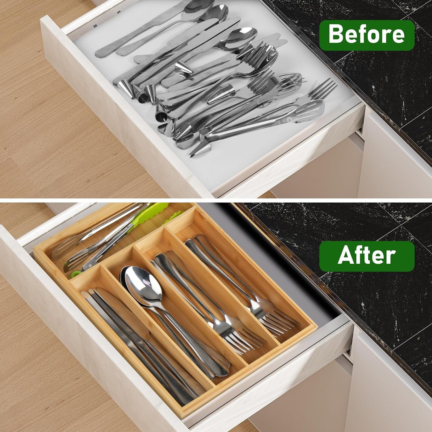 LotFancy Bamboo Kitchen Drawer Organizer, 9.5 Inch Silverware Tray for Small Drawer, Utensil Organizer for Cutlery, Fork, Spoon Storage (5 Slots, Natural)