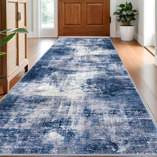 IOHOUZE Abstract Runner Rug 3x8 Ft Washable Runners for Hallways, Non Slip Kitchen Runner Printed Faux Wool Entryway Runner Indoor, Modern Abstract Floor Carpet for Hall Bedroom, Navy/Grey