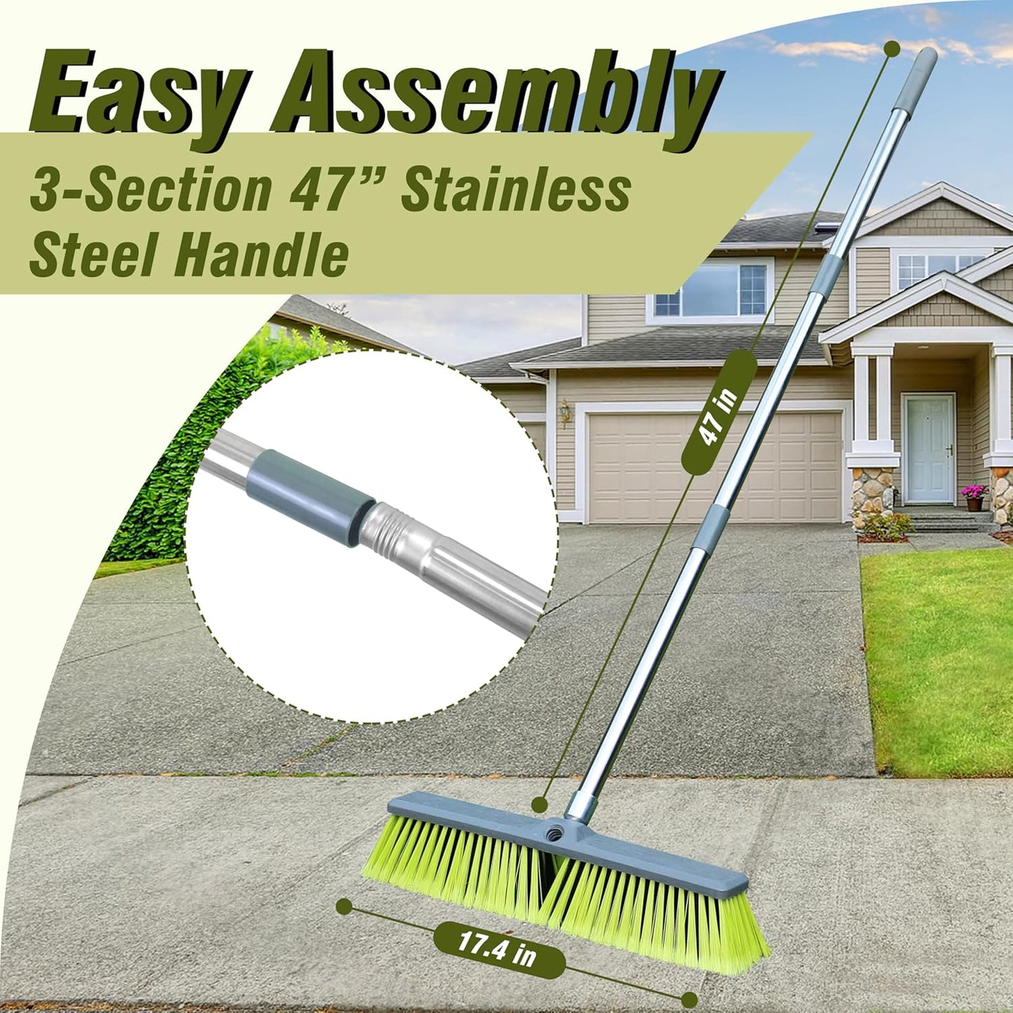 PHYEX 18" Push Broom with 47" Long Handle, Multi-Surface Floor Scrub Brush for Cleaning Deck, Patio, Garage, Driveway