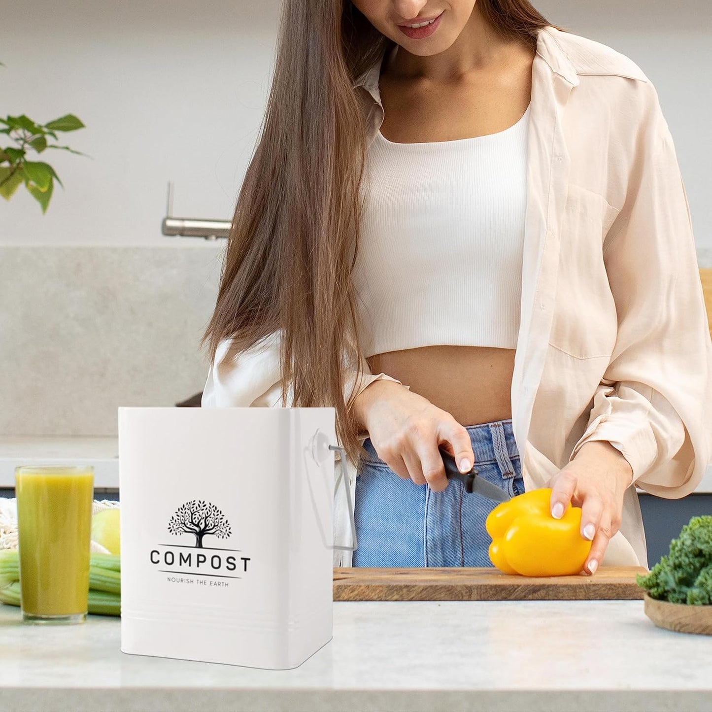 PERFNIQUE Kitchen Compost Bin, 1.7 Gallon Countertop Compost Bin with Lid, Indoor Compost Bin Includes 2 Carbon Filters, Small Compost Bucket, Food Waste Bin for Kitchen with Trash Bags (Cream White)