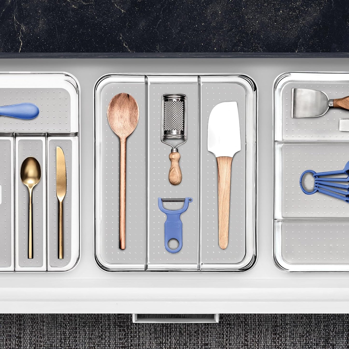 madesmart Utensil Tray - Large | Light Grey | Clear Soft Grip Collection | 3-compartment | Soft-grip Lining | Non-slip Feet | BPA-free
