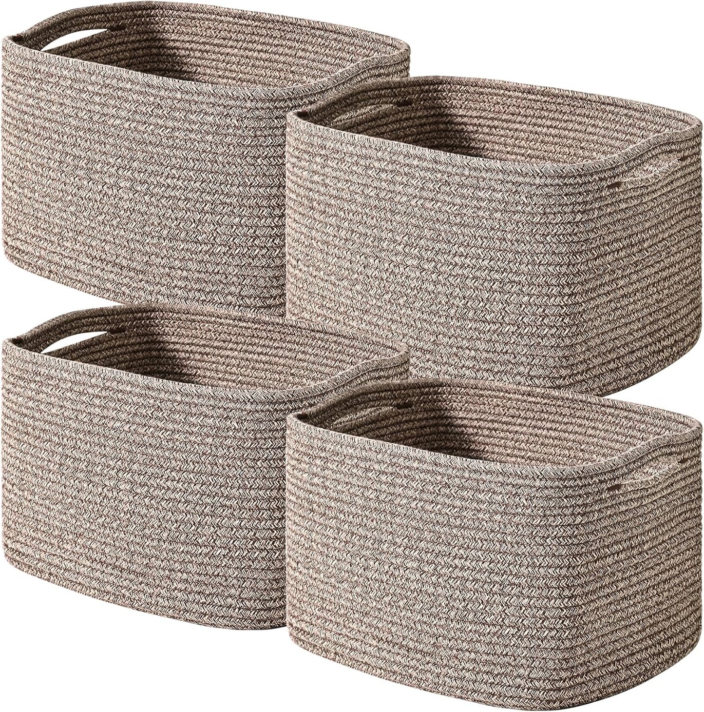Storage Baskets for Shelves Organizing, Woven Cotton Rope Baskets for Storage, Book Basket, Decorative Shelf Basket, 12.5"Lx9.1''Wx7.9''H (4 Packs) Dark Brown