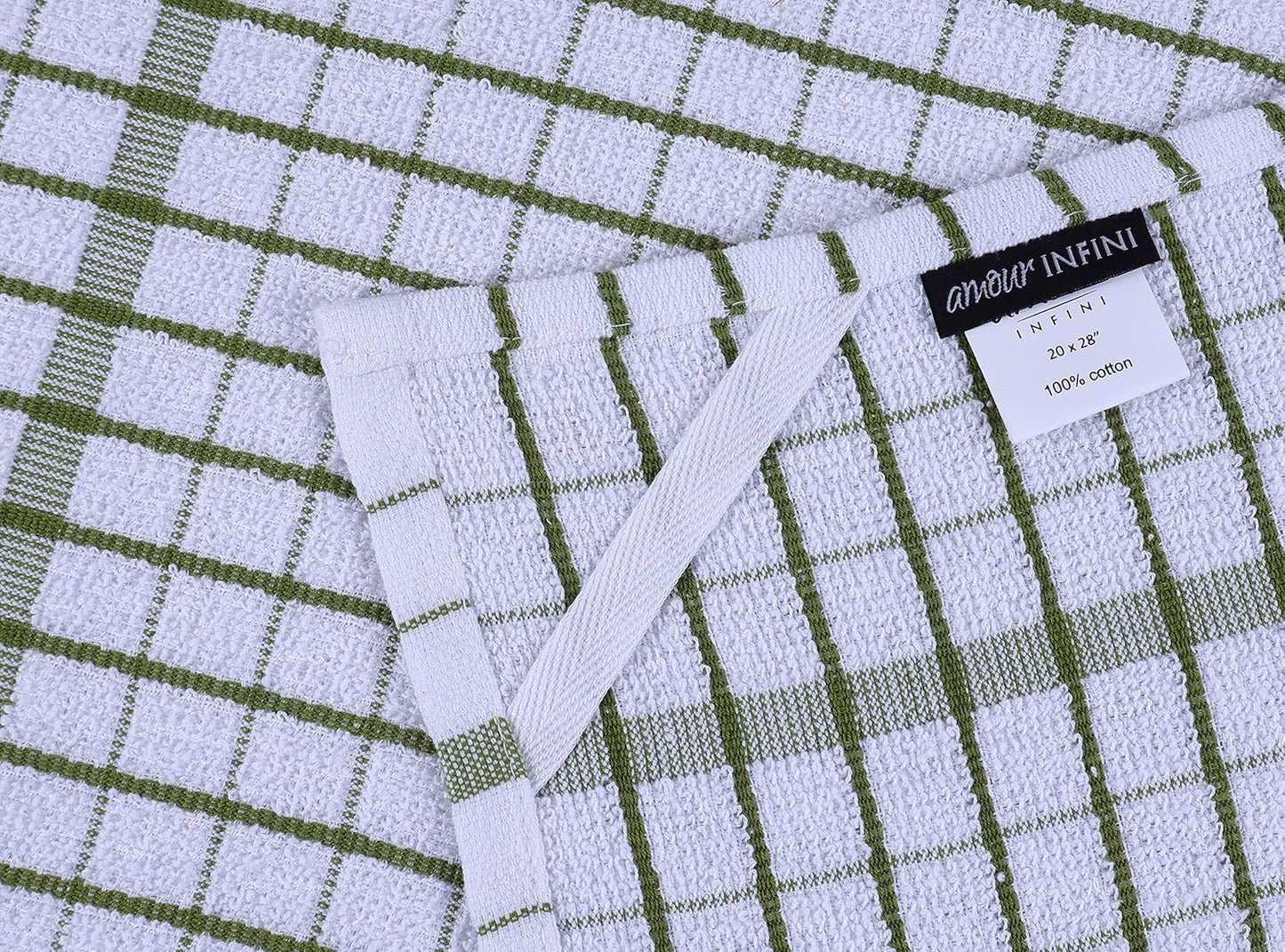 AMOUR INFINI Kitchen Towels Set of 4 - Highly Absorbent, Super Soft Terry Cotton 20x28 Inch Dish Towels with Hanging Loop - Hand & Tea Towels for Cleaning & Drying Dishes (Green)