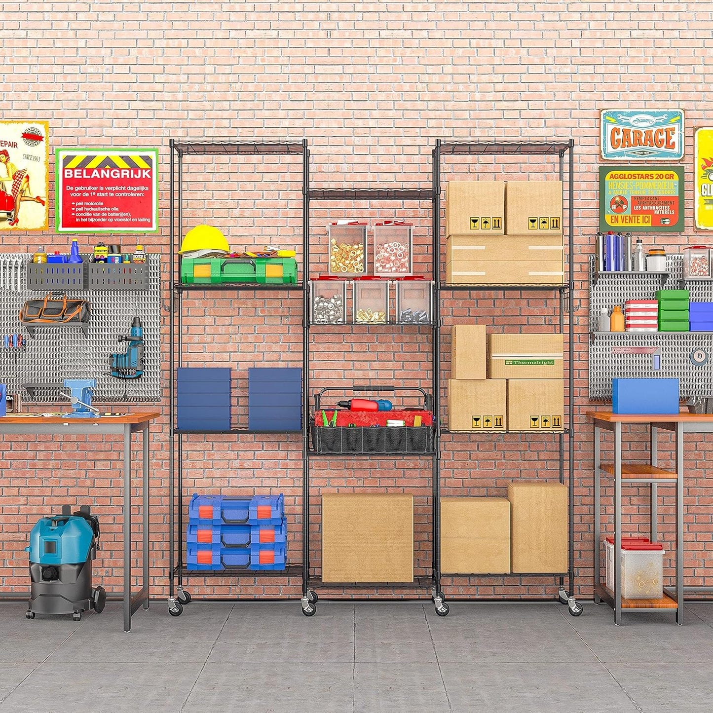 Himimi 6-Tier Storage Shelf Units, Adjustable Wire Shelving with Wheels, Metal Shelves with Stainless Side Hooks, Free Standing Shelving for Laundry Bathroom Kitchen Pantry Closet, Black